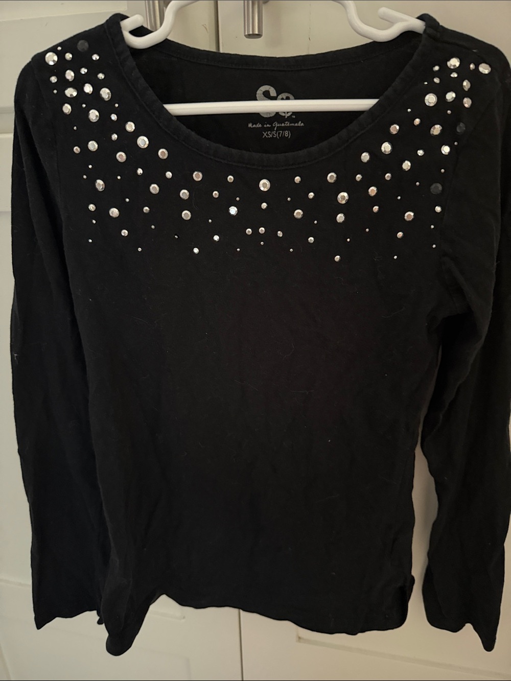 SO Girls Black Long-Sleeve Crewneck Top with Rhinestone & Pearl Accents